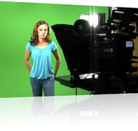 Miss USA 2000 on green screen video studio stage with lighting & teleprompter at CMR Studios, Tampa, FL